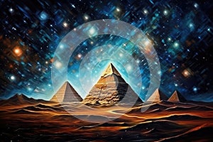Fantasy landscape with pyramids and stars in the night sky, Pyramids in the desert at night time. Starry sky, milky way. Abstract