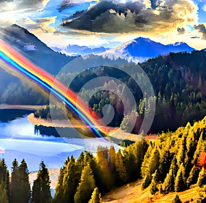 Fantasy landscape with rainbow lake mountains and trees