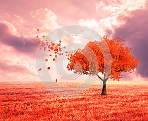 Fantasy landscape with red autumn tree