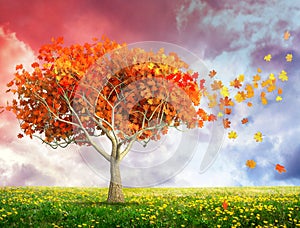 Fantasy landscape with red autumn tree