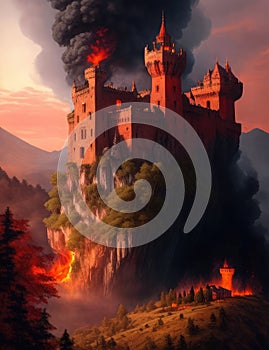 Fantasy landscape with red castle in the mountains. 3d illustration