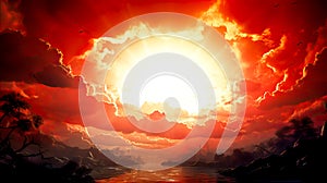 Fantasy landscape with red sky and sun. Fantasy landscape with red sky and sun