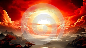 Fantasy landscape with red sky and sun. Fantasy landscape with red sky and sun