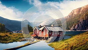 Fantasy landscape with red wooden church in Norway, Scandinavia