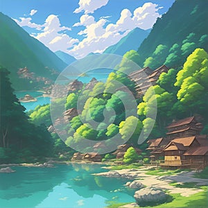 Fantasy landscape with river, mountains and forest.