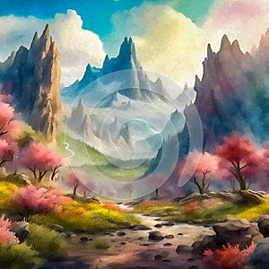 Fantasy landscape with river, mountains and trees. digital drawing.