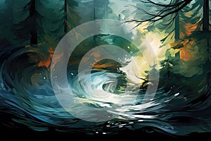 Fantasy landscape with river and trees in the forest. Vector illustration, digital abstract impressionism painting of tidal wave