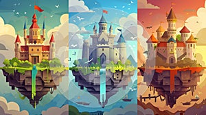 Fantasy landscape with royal palace, waterfall, grass flying in sky at dawn, night, sunset, noon, and sunset, modern