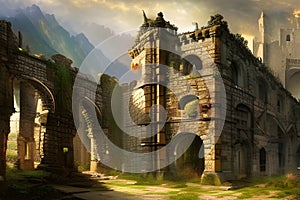 Fantasy landscape with ruins of a Mediaeval Castle in the mountains. Digital illustration. CG Artwork Background