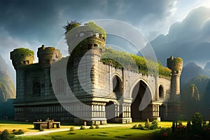 Fantasy landscape with ruins of a Mediaeval Castle in the mountains. Digital illustration. CG Artwork Background