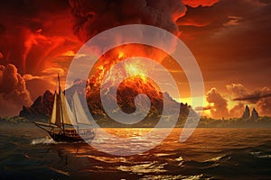 Fantasy landscape with ship in ocean. 3d render illustration, Photo of the volcanic eruption Krakatoa, AI Generated