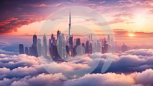 Fantasy landscape with skyscrapers in the clouds. 3d render, Dubai sunset view of downtown covered with clouds, AI Generated