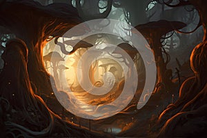 Fantasy landscape with spooky forest. Halloween background. Vector illustration.