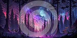 Fantasy landscape with spruce forest, moon and stars in the sky