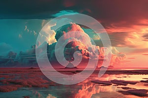 Fantasy landscape with stormy clouds and sunset. 3d illustration Generative AI.