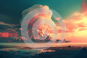 Fantasy landscape with stormy clouds and sunset. 3d illustration Generative AI.