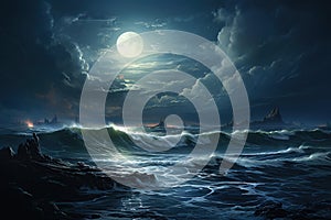 Fantasy landscape with a stormy sea and moon. Generative AI