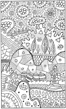 Fantasy landscape with surreal houses and trees. Psychedelic fantastic coloring page for adults. Vector illustration