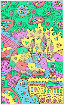 Fantasy landscape with surreal houses and trees. Psychedelic fantastic multicolor artwork. Vector illustration