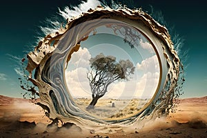 Fantasy landscape with tree in the desert