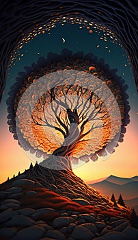 Fantasy landscape with a tree in the form of a heart.
