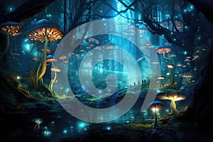 Fantasy landscape with trees, river and lights. 3d rendering, An ethereal forest with bioluminescent mushrooms and insects, AI