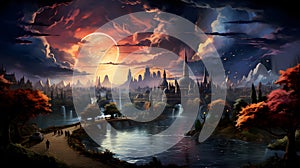 Fantasy Landscape at Twilight: Moon, Sunset, City, Lake, Trees\