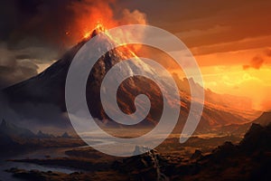 Fantasy landscape with volcano and lake