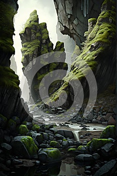 Fantasy landscape with a waterfall in a cave. 3d rendering