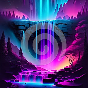 Fantasy landscape with waterfall in the forest. Vector illustration in neon colors. Generative AI