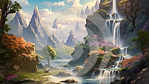 Fantasy landscape with a waterfall in the mountains. 3d rendering, waterfall in the mountains, AI Generated