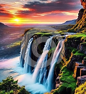 Fantasy landscape with waterfall at sunset