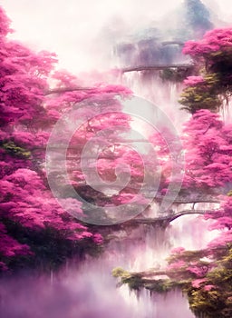 Fantasy landscape with waterfalls, forest and cherry blossoms