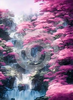 Fantasy landscape with waterfalls, forest and cherry blossoms