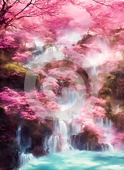 Fantasy landscape with waterfalls, forest and cherry blossoms