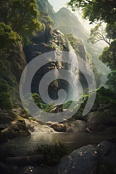 Fantasy landscape with waterfalls, forest and mountains created using generative ai technology