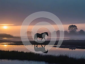 Fantasy landscape with white horse, lake and mountains