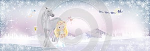 Fantasy landscape winter wonderland with Cute princess and unicorn in magic forest with little fairies flying with Santa Claus