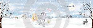 Fantasy landscape winter wonderland with Cute princess and unicorn in magic forest with little fairies flying with Santa Claus