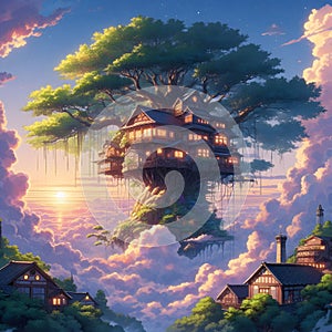 Fantasy landscape with a wooden house and a big tree in the sky