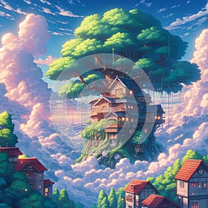 Fantasy landscape with a wooden house and a big tree in the sky