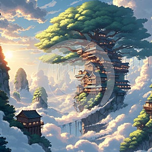 Fantasy landscape with a wooden house and a big tree in the sky