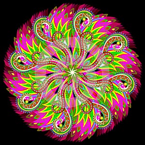 Fantasy Latin American ornament done in kaleidoscopic style. Printable modern mandala on black background.