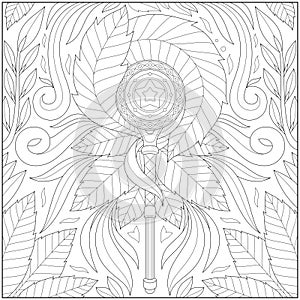 Fantasy leaf circle staff, Adult and kid coloring page