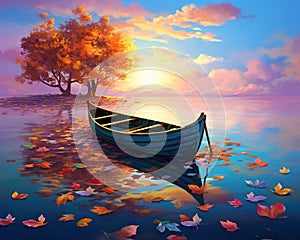 fantasy leaves a boat on a calm lake for a storybook calm lake.