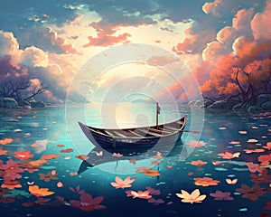 fantasy leaves a boat on a calm lake for a storybook calm lake.