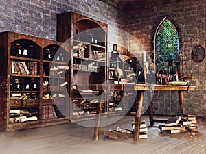 Fantasy library with alchemical tools