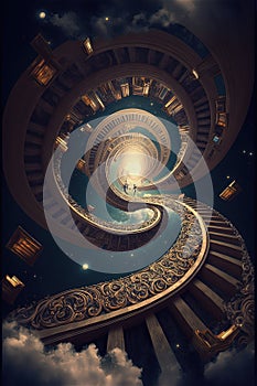 Fantasy library with spiral stairs to the sky. Generative Ai