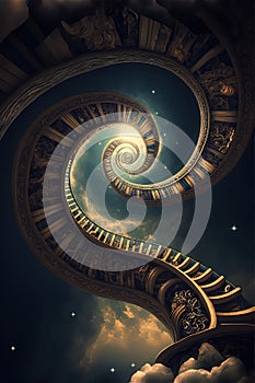 Fantasy library with spiral stairs to the sky. Generative Ai