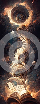 Fantasy library with spiral stairs to the sky. Generative Ai